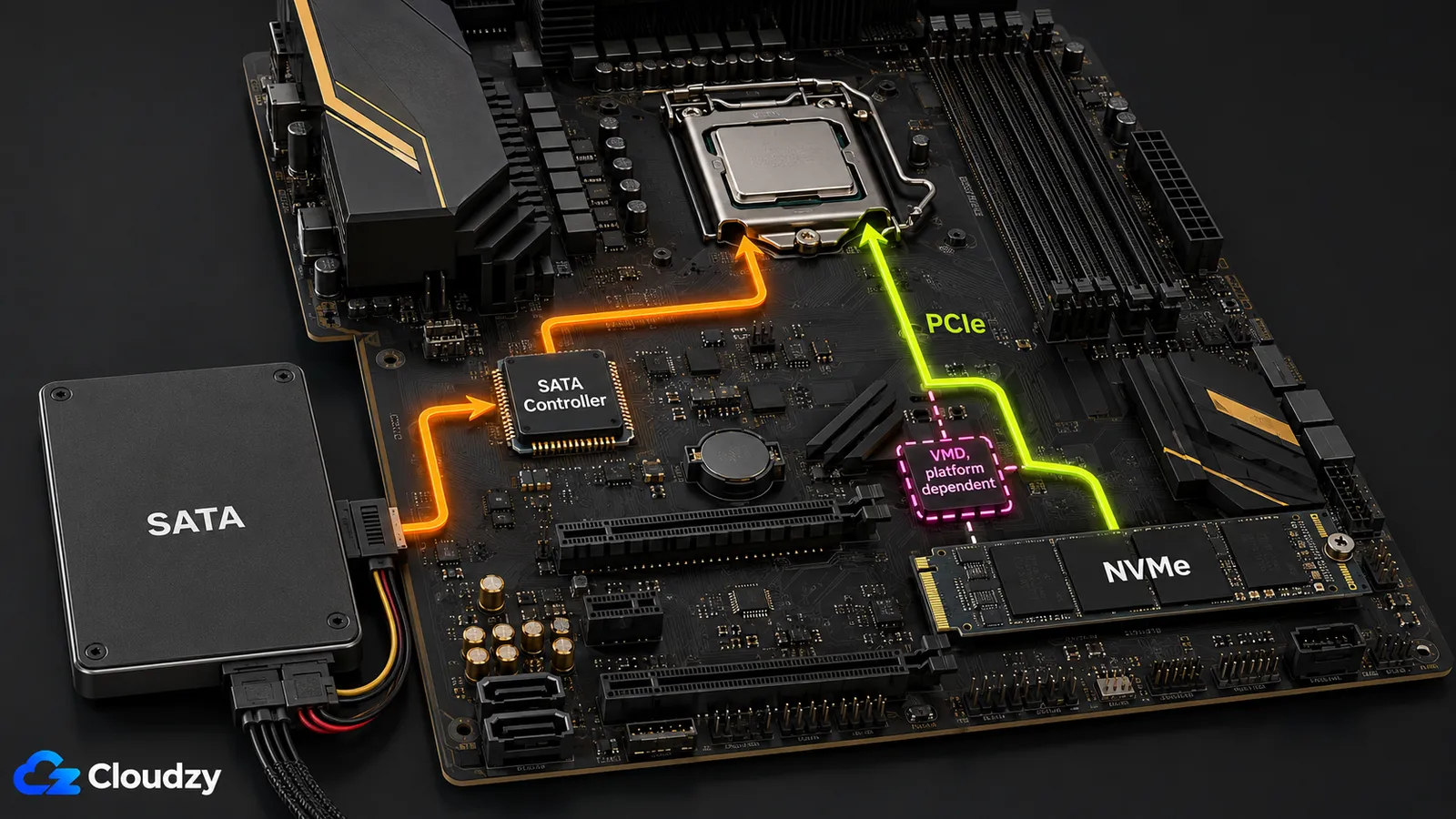 Motherboard diagram showing a SATA SSD reaching the CPU through the SATA controller while an M.2 NVMe drive reaches it directly over PCIe, with a platform-dependent VMD block sitting on the PCIe path