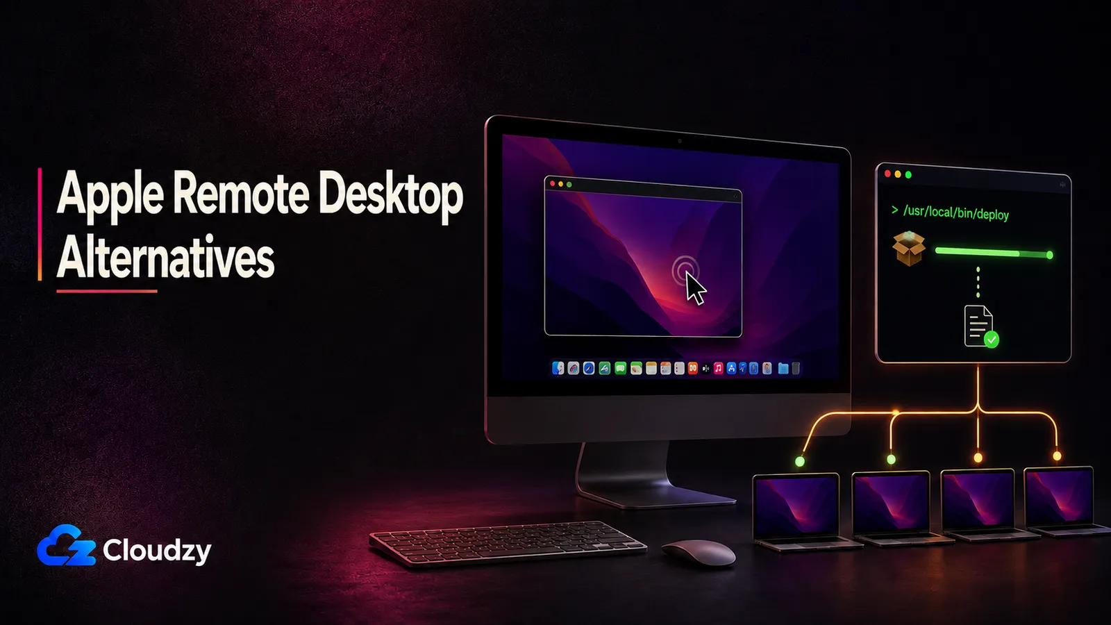 Apple Remote Desktop Alternatives title card: an iMac showing a remote screen session beside a terminal pushing a package to four Macs