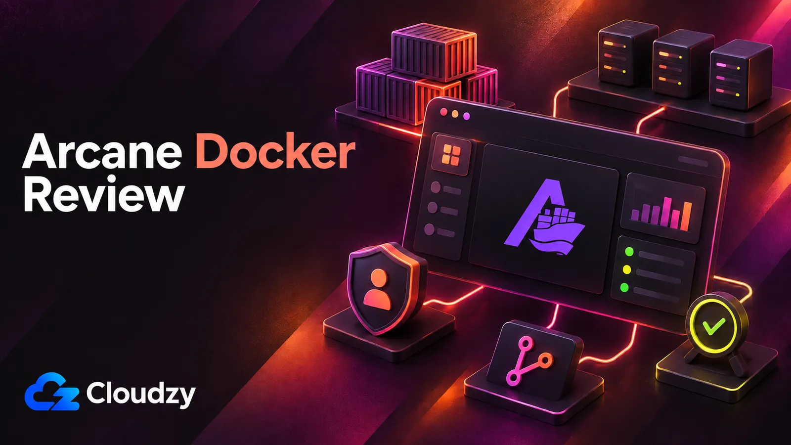 Illustration of a self-hosted Docker management UI showing container tiles and role-based access badges