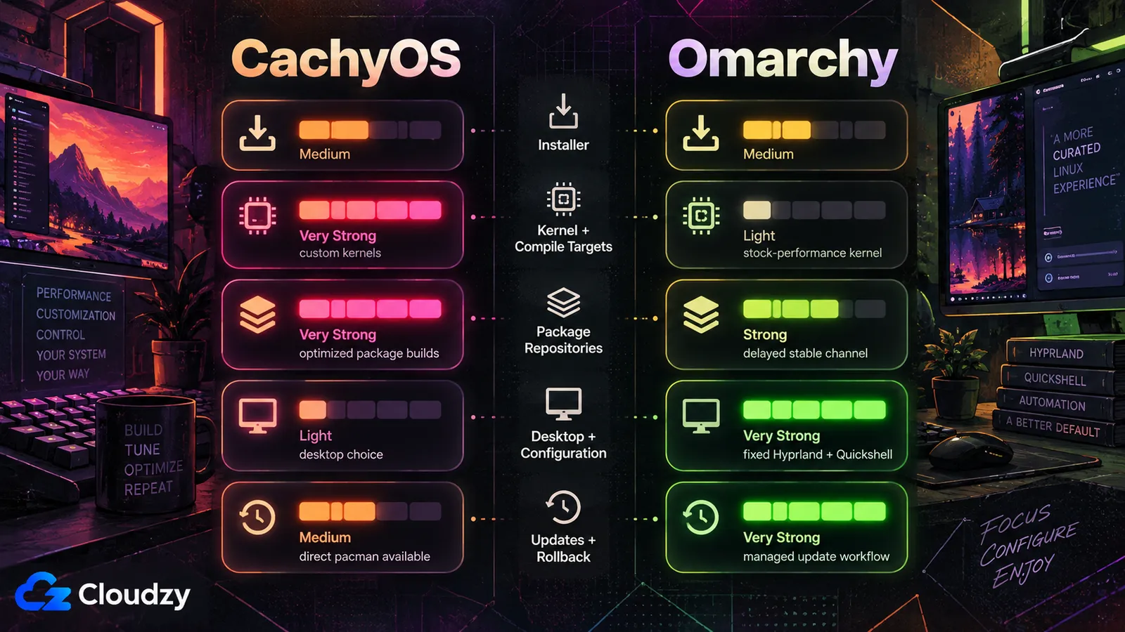 Side-by-side rating of CachyOS and Omarchy across five layers: installer (both medium), kernel and compile targets (CachyOS very strong with custom kernels, Omarchy light with a stock-performance kernel), package repositories (CachyOS very strong with optimized package builds, Omarchy strong with a delayed stable channel), desktop and configuration (CachyOS light with desktop choice, Omarchy very strong with fixed Hyprland and Quickshell), updates and rollback (CachyOS medium with direct pacman available, Omarchy very strong with a managed update workflow)