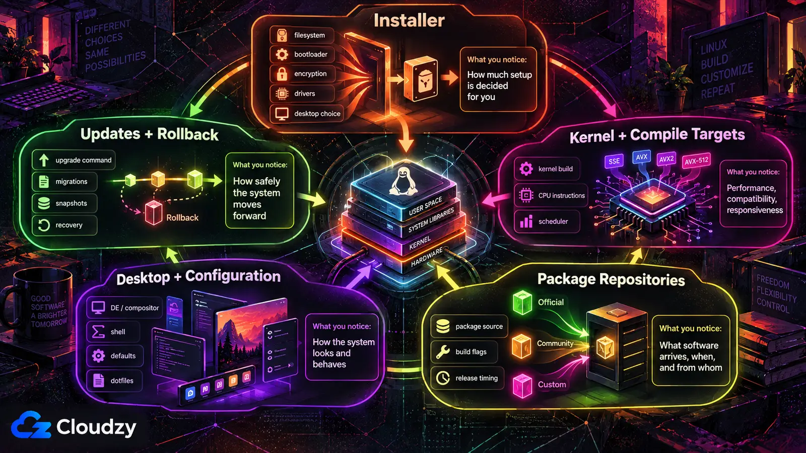 Five layers where an Arch derivative can differ from stock Arch, drawn around a stack of hardware, kernel, system libraries and user space: installer (filesystem, bootloader, encryption, drivers, desktop choice), kernel and compile targets (kernel build, CPU instructions, scheduler), package repositories (official, community, custom, release timing), desktop and configuration (compositor, shell, defaults, dotfiles), and updates and rollback (upgrade command, migrations, snapshots, recovery)
