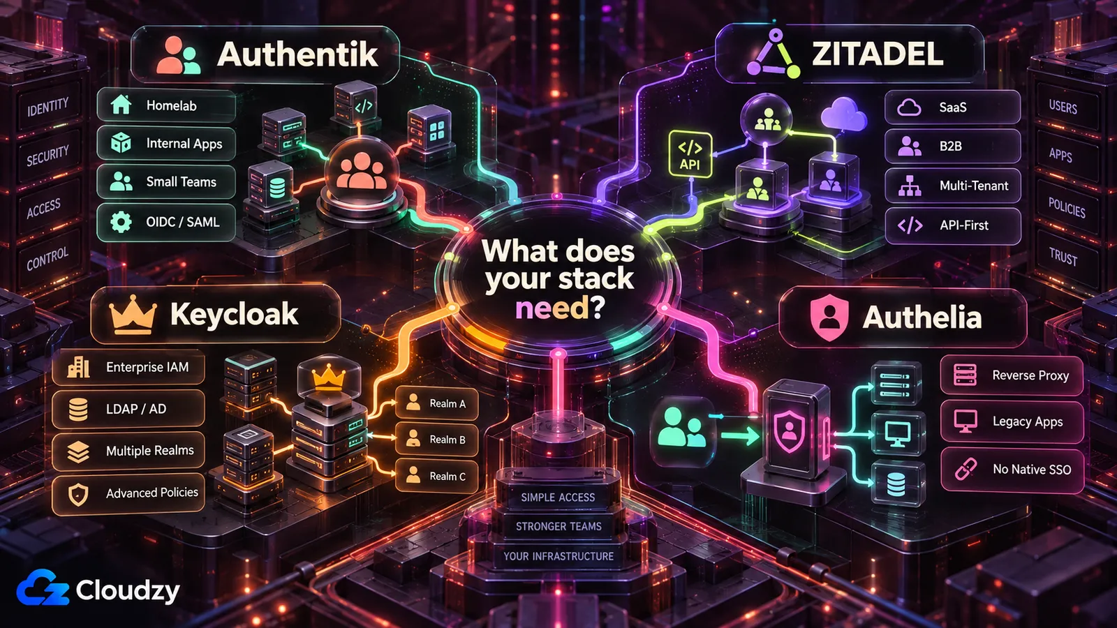Decision map for four self-hosted SSO tools around the question of what your stack needs: Authentik for homelabs, internal apps, small teams and OIDC/SAML; ZITADEL for SaaS, B2B, multi-tenant and API-first products; Keycloak for enterprise IAM, LDAP/AD, multiple realms and advanced policies; Authelia for reverse-proxy protection of legacy apps without native SSO