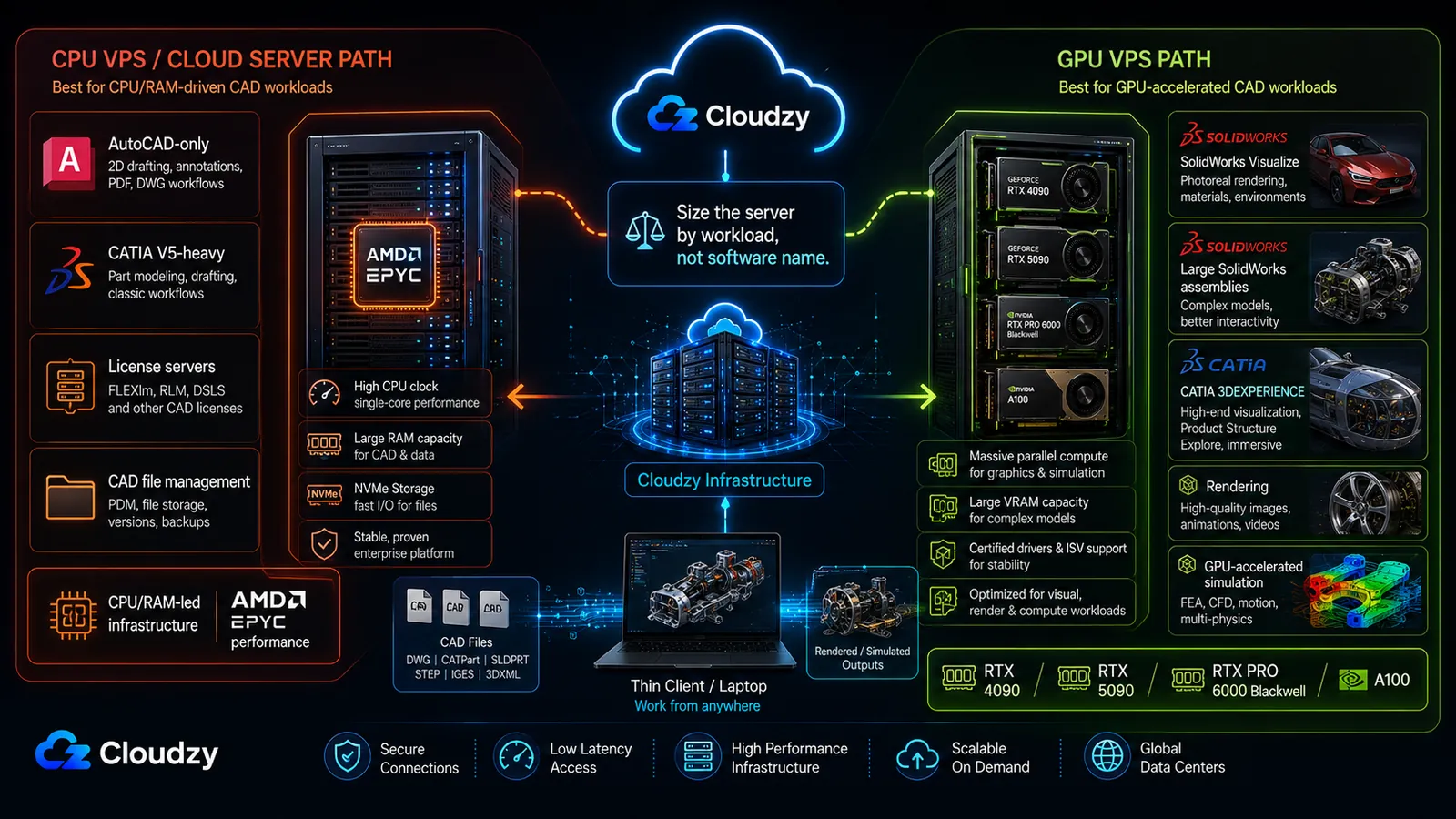 Two Cloudzy server paths for CAD: a CPU VPS path for AutoCAD-only work, CATIA V5-heavy modeling, license servers, and CAD file management, and a GPU VPS path with RTX 4090, RTX 5090, RTX PRO 6000 Blackwell, and A100 cards for SolidWorks Visualize, large assemblies, CATIA 3DEXPERIENCE, rendering, and GPU-accelerated simulation