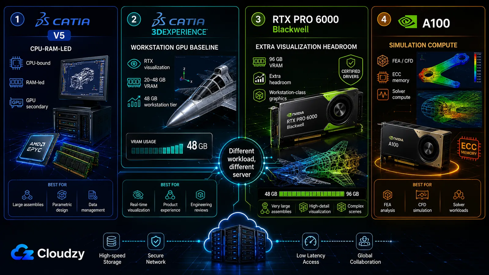 Four CAD server tiers: CATIA V5 is CPU and RAM-led with the GPU secondary, CATIA 3DEXPERIENCE needs a 20 to 48 GB workstation GPU baseline, the RTX PRO 6000 Blackwell adds 96 GB of visualization headroom, and the A100 with ECC memory is for FEA, CFD, and solver compute