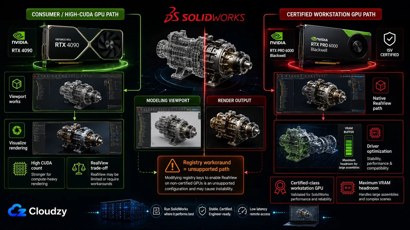 SolidWorks consumer versus certified GPU paths: an RTX 4090 runs the viewport and Visualize rendering with a RealView trade-off and an unsupported registry workaround, while an ISV-certified RTX PRO 6000 Blackwell gives the native RealView path, driver optimization, and maximum VRAM headroom for large assemblies