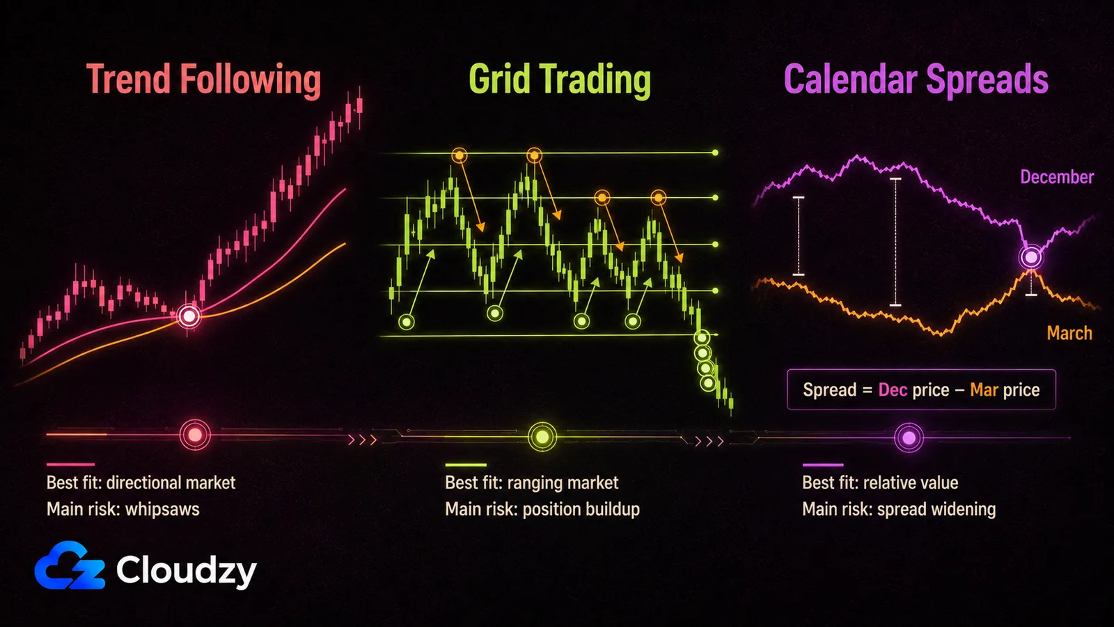 Three panels comparing automated futures strategies: trend following riding a directional move with moving averages, grid trading placing buy and sell orders at fixed levels across a range, and a calendar spread tracking the gap between December and March contract prices