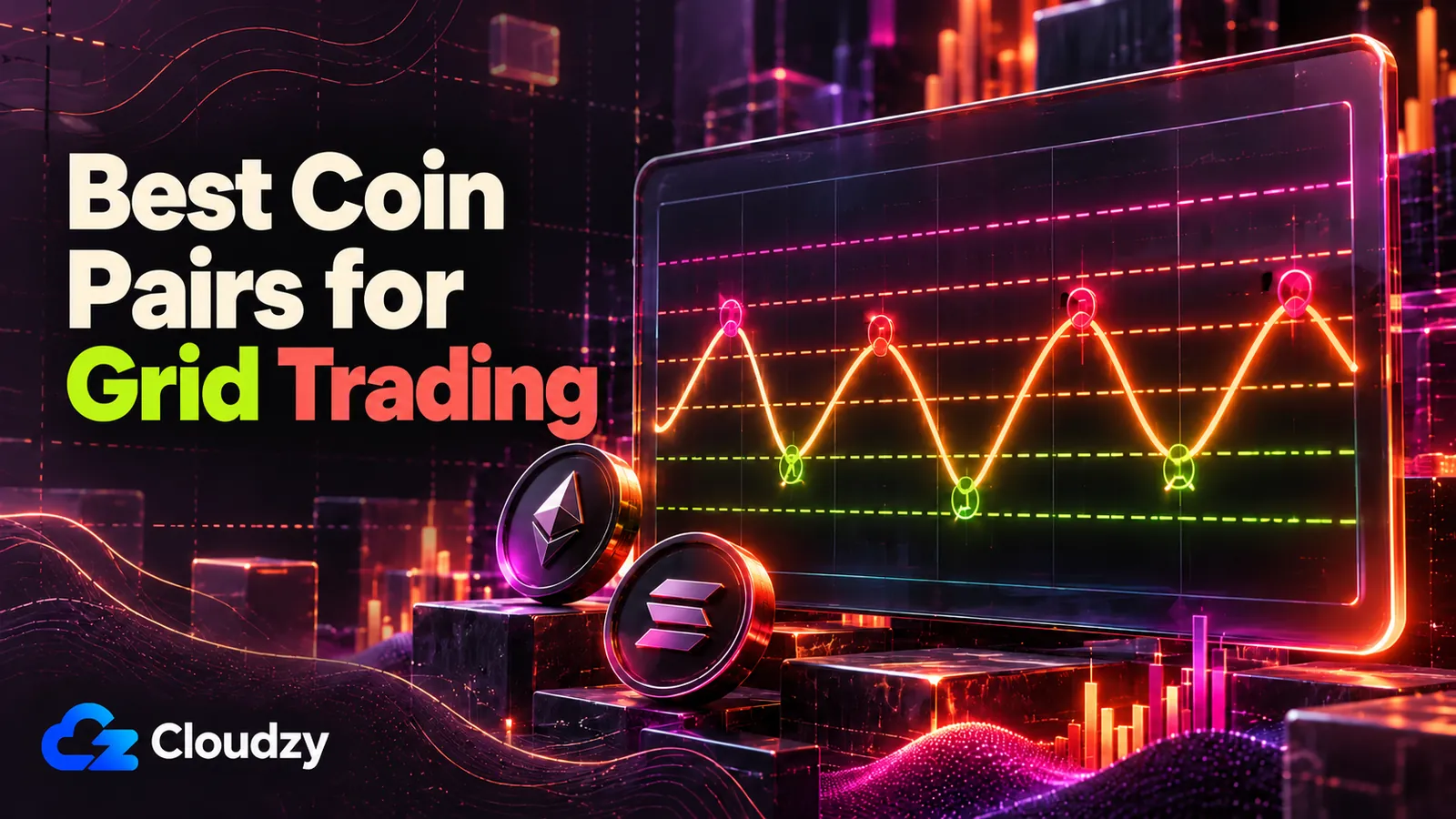 Best coin pairs for grid trading, illustrated with a price chart and grid levels.