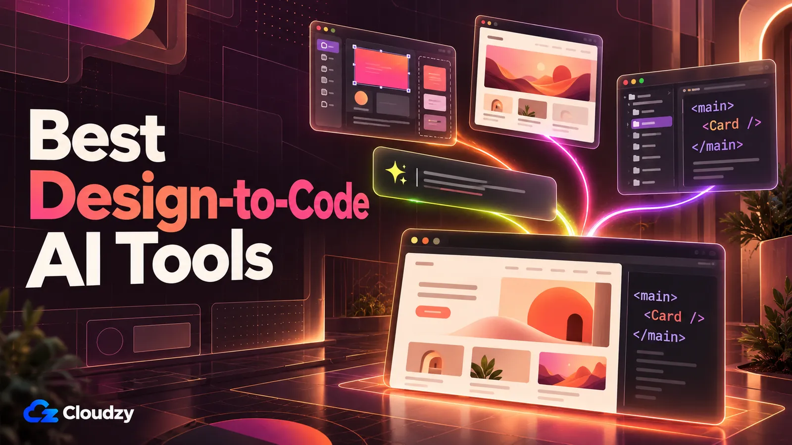 Best design-to-code AI tools cover showing design frames, a screenshot, and a prompt flowing into a coded page built from a reusable Card component