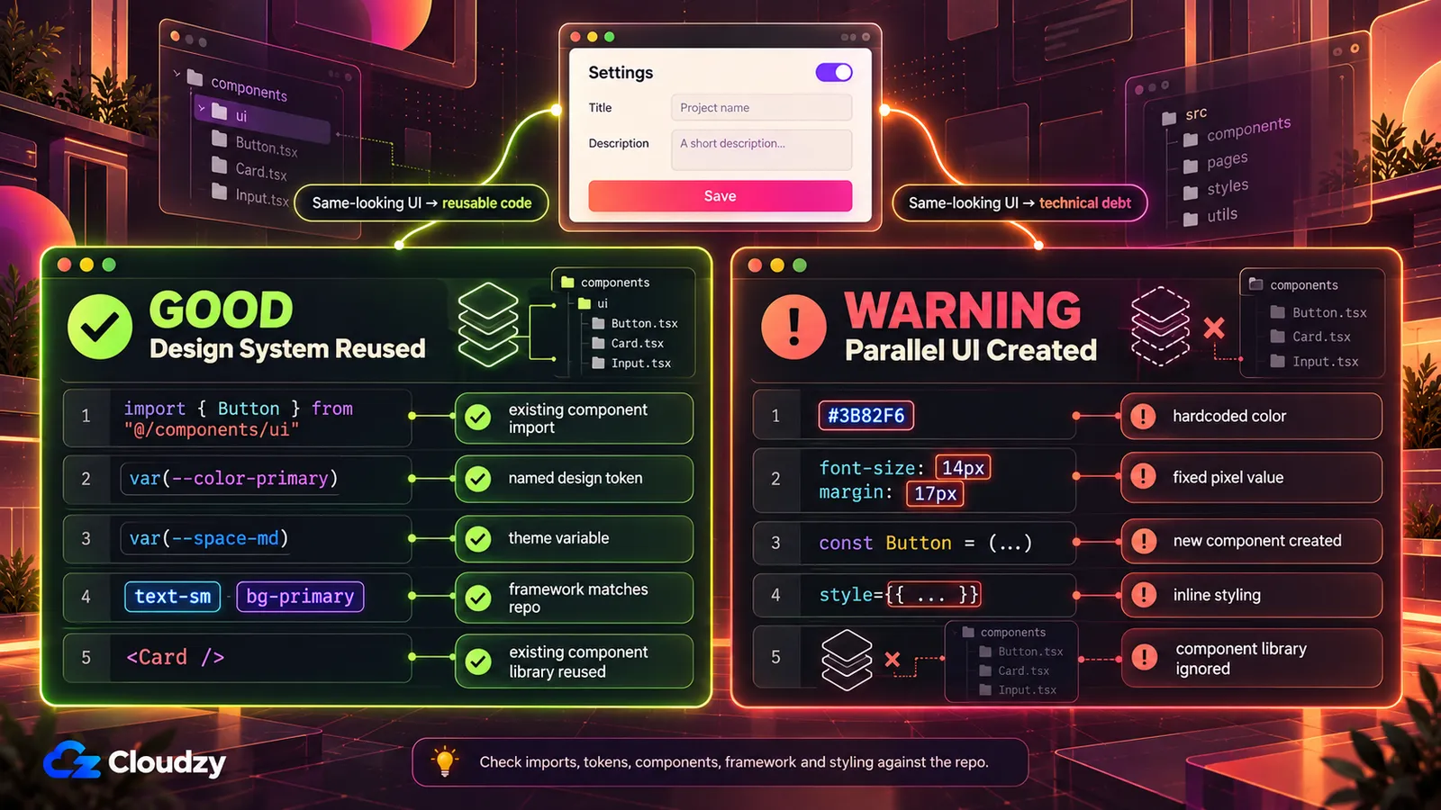 One-screen test comparing two outputs of the same settings form: on the left, reused design-system code with an existing Button import, named design tokens, theme variables, and the library's Card component; on the right, a parallel UI with a hardcoded #3B82F6 color, fixed pixel values, a newly declared Button, inline styling, and the component library ignored