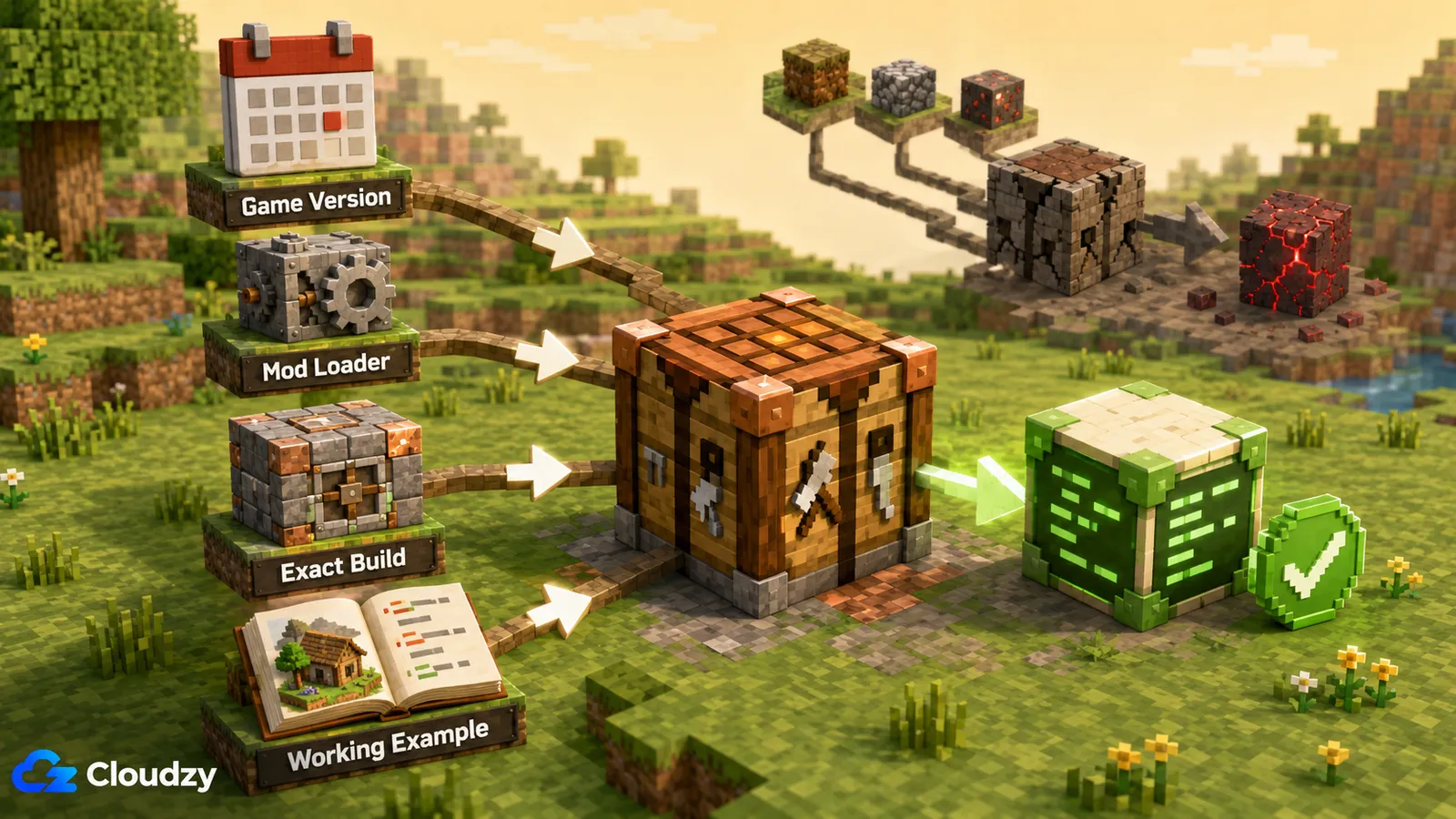 Minecraft version, loader build, and known-good code example supplying context to an AI prompt