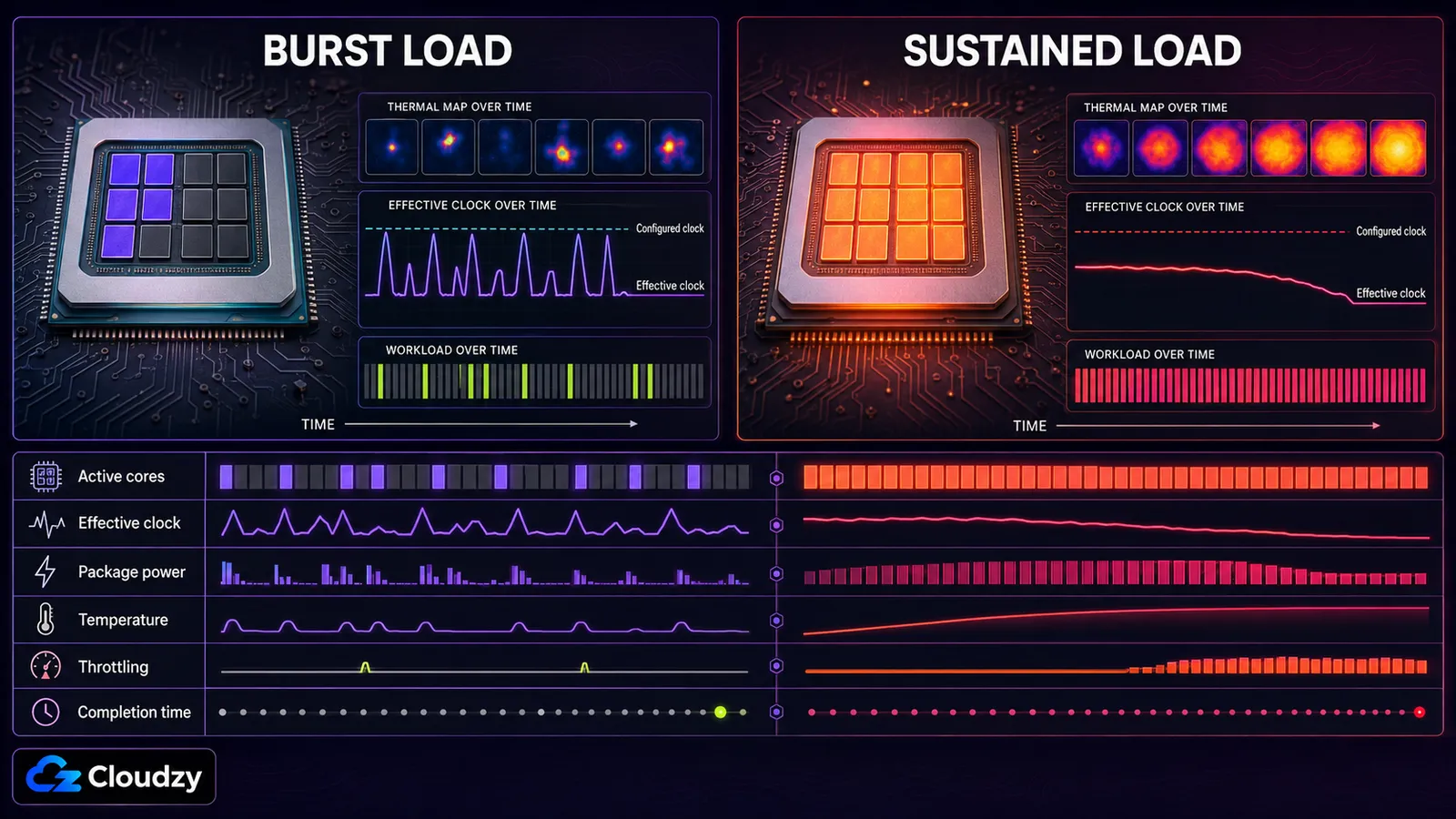 Side-by-side comparison of a CPU under burst load and under sustained load, showing spiky effective clocks and cool thermals on the left against a flat, slowly declining clock line, rising temperature, and throttling on the right