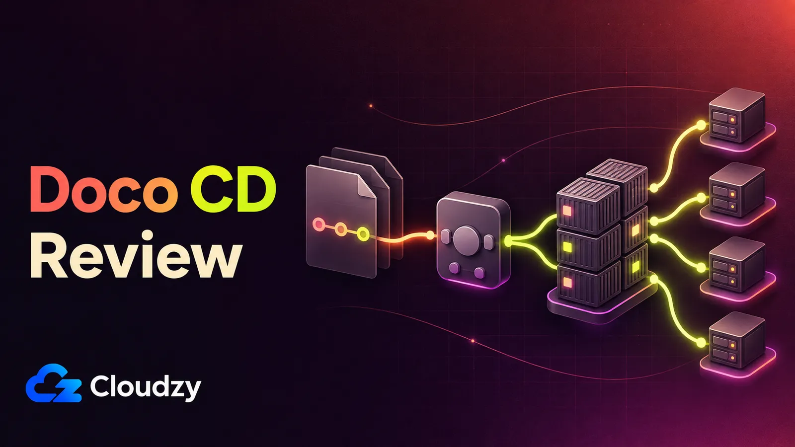 Doco CD Review title card showing a Git commit flowing through a sync icon into a Docker Compose stack running across four servers