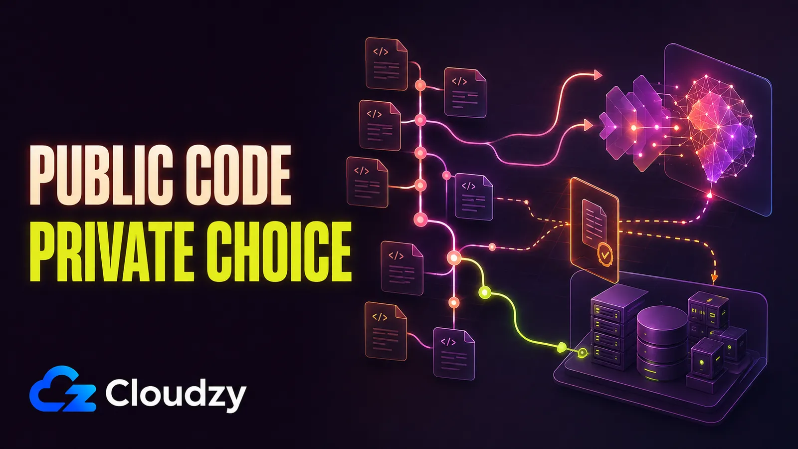 Code files branching along two paths, one into an AI model and one into private self-hosted server infrastructure, under the words Public Code, Private Choice