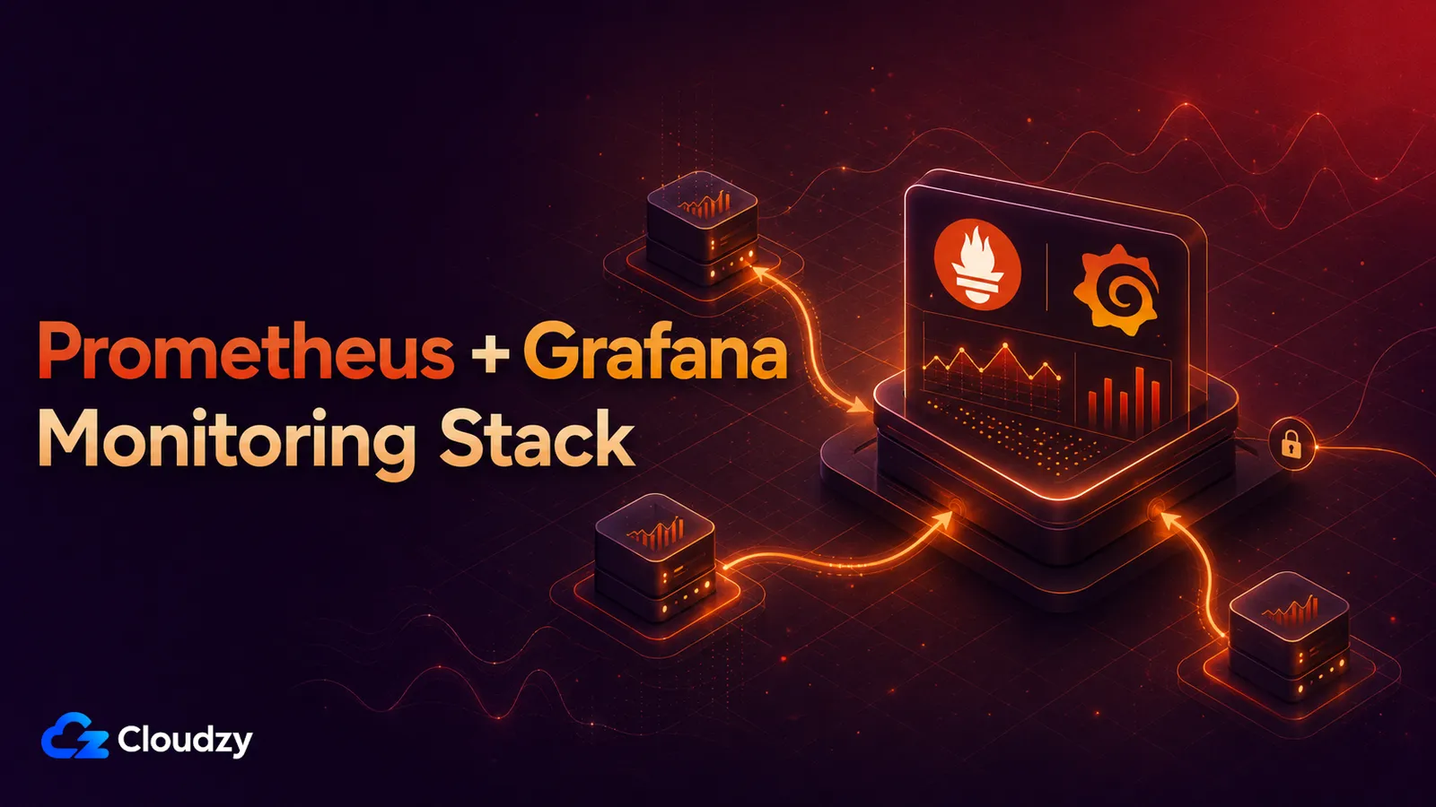 Prometheus and Grafana monitoring stack illustration: a central dashboard panel showing Prometheus and Grafana logos over metric graphs, with three server nodes feeding metrics into it