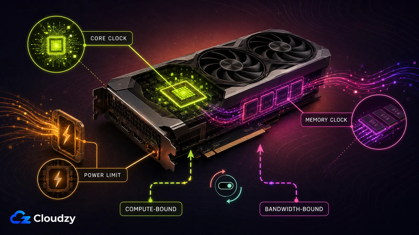 Core clock, memory clock, and power limit matched to compute and memory bottlenecks