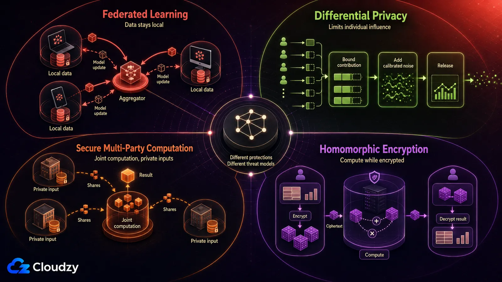The four main privacy-preserving machine learning techniques side by side: federated learning keeping data local, differential privacy limiting individual influence with calibrated noise, secure multi-party computation splitting private inputs into shares, and homomorphic encryption computing on ciphertext