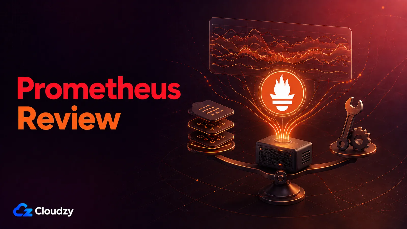 Conceptual illustration for a Prometheus review: a self-hosted server balanced on a scale, feeding metrics up into a time-series chart