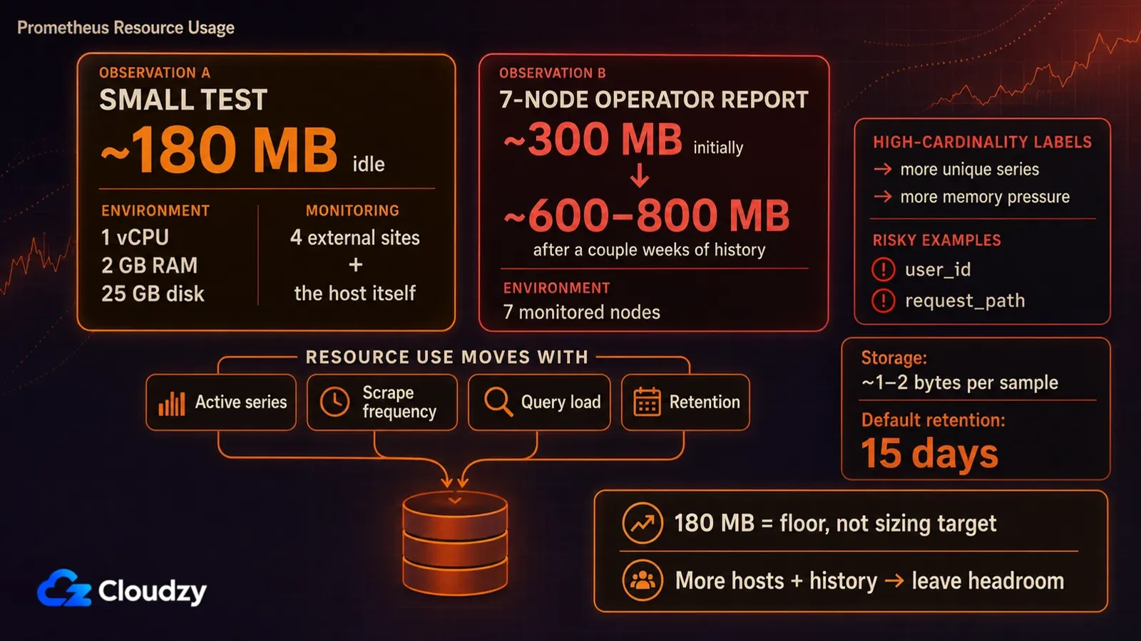 Prometheus resource usage compared across two published tests: a small test measuring about 180 MB idle on 1 vCPU, 2 GB RAM and 25 GB disk while watching four external sites plus the host, and a seven-node operator report starting near 300 MB and climbing to 600 to 800 MB after a couple of weeks of history, with active series, scrape frequency, query load and retention listed as the drivers, storage at 1 to 2 bytes per sample, a 15-day default retention, and high-cardinality labels flagged as risky