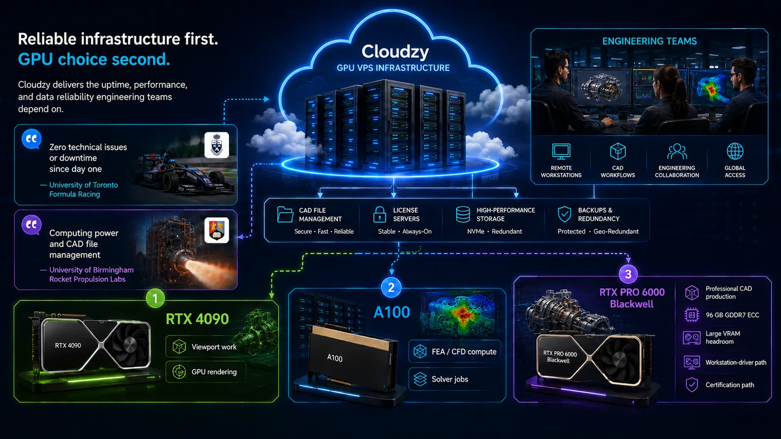 Cloudzy GPU VPS infrastructure for engineering teams: CAD file management, license servers, NVMe storage and backups underneath three GPU choices, the RTX 4090 for viewport work and GPU rendering, the A100 for FEA and CFD solver jobs, and the RTX PRO 6000 Blackwell with 96 GB GDDR7 ECC for professional CAD production