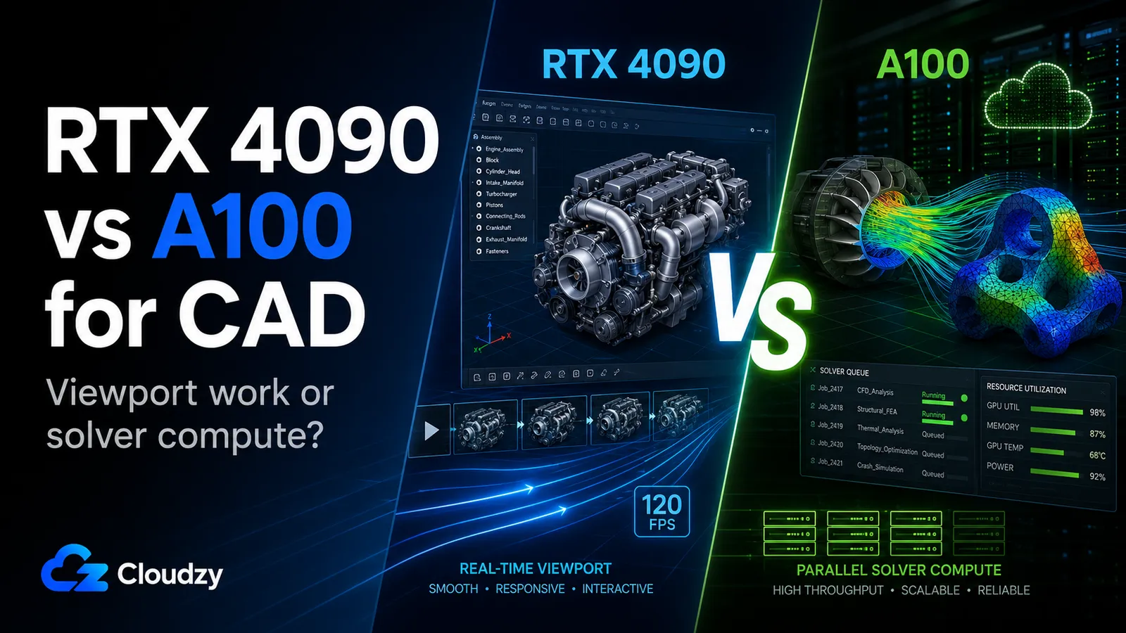 RTX 4090 versus A100 for CAD on a GPU VPS: the RTX 4090 side shows a real-time SolidWorks-style assembly viewport, the A100 side shows FEA stress and CFD airflow solver jobs running on datacenter hardware