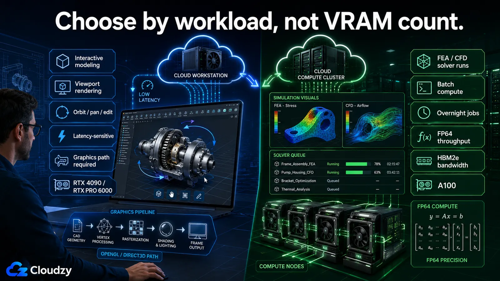 Two CAD workloads side by side: interactive modeling on a cloud workstation needs a low-latency graphics pipeline through OpenGL or Direct3D on an RTX 4090 or RTX PRO 6000, while FEA and CFD solver runs on a cloud compute cluster need FP64 throughput and HBM2e bandwidth on an A100