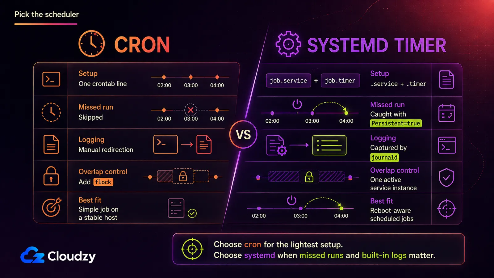 Cron versus a systemd timer: one crontab line and a skipped missed run on the left, a .service plus .timer pair with Persistent=true catch-up, journald logging and single-instance overlap control on the right