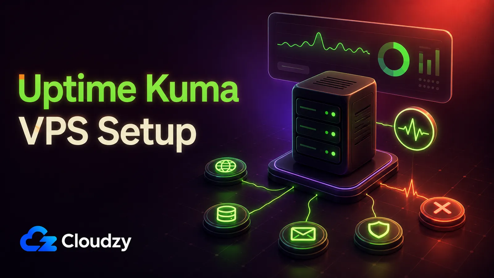 Uptime Kuma VPS setup title card: a server rack on a monitoring dashboard with green status icons for website, database, mail and security checks and one failed check in red