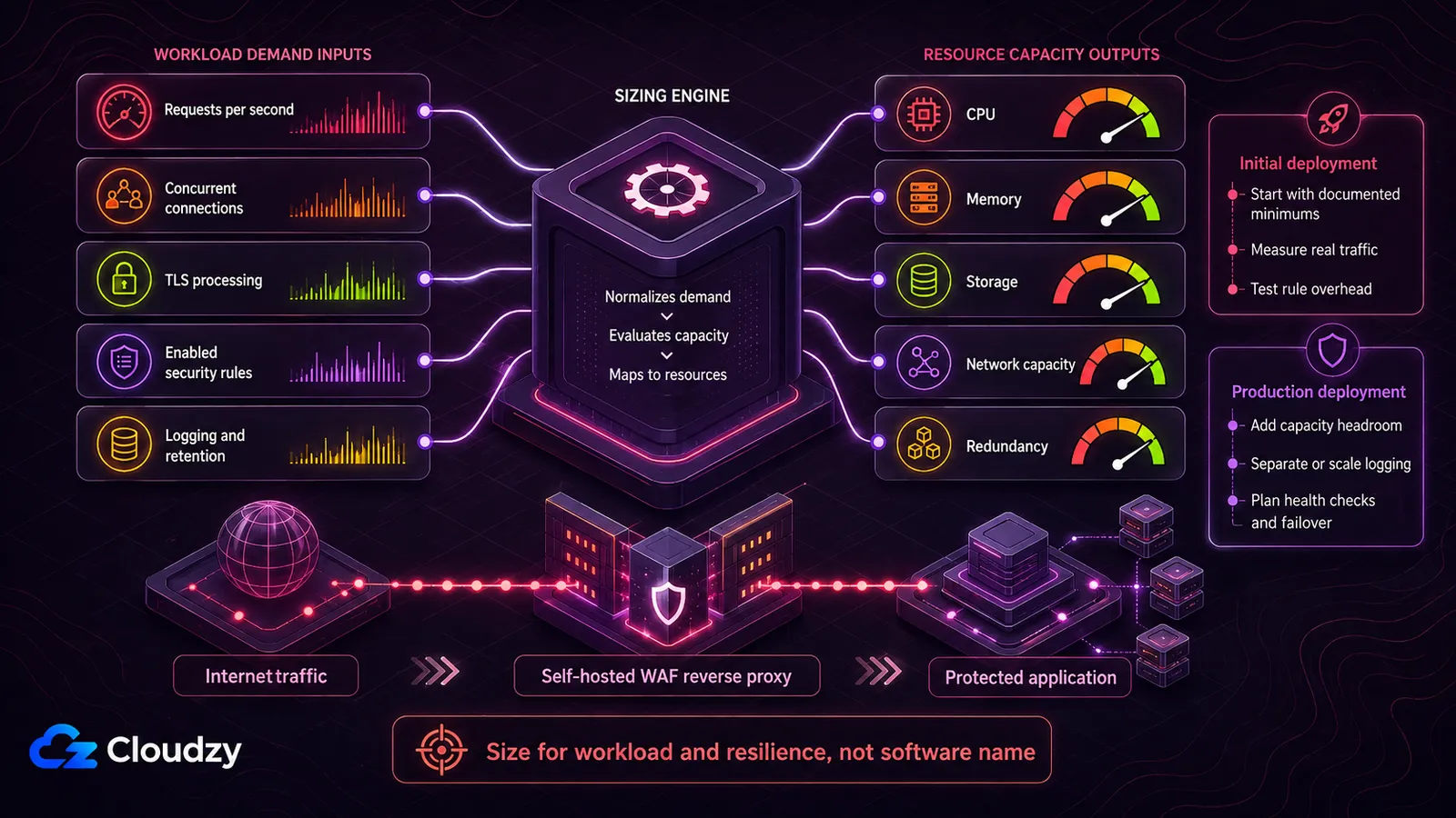 Sizing a self-hosted WAF: workload demand inputs such as requests per second, concurrent connections, TLS processing, enabled security rules and log retention feed a sizing engine that maps them to CPU, memory, storage, network capacity and redundancy. Internet traffic passes through a self-hosted WAF reverse proxy on its way to the protected application.