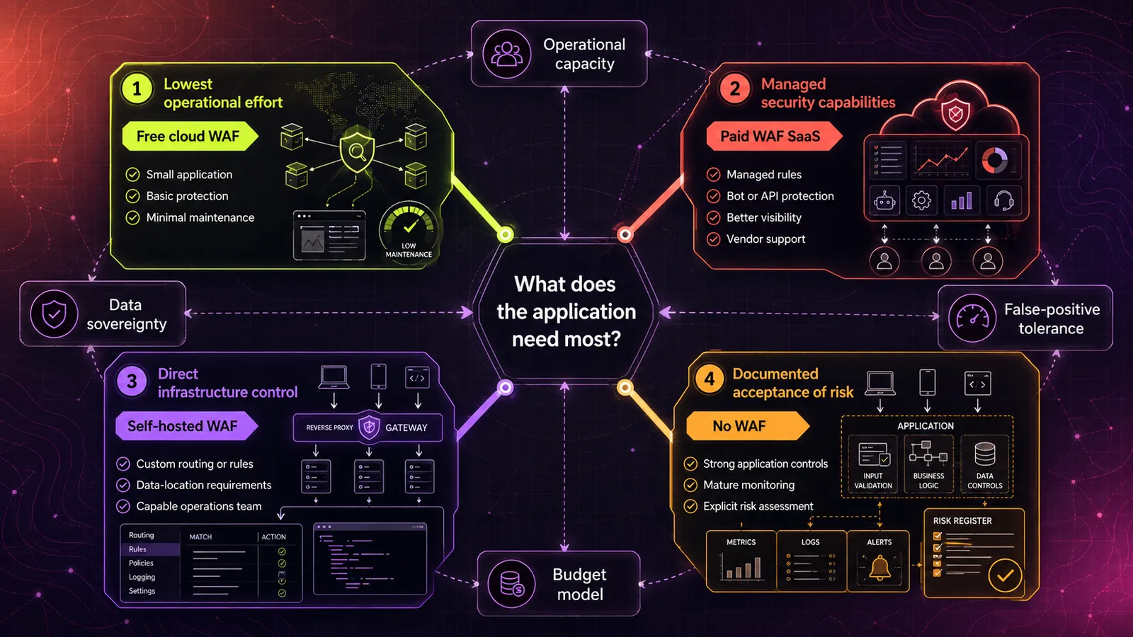 Four WAF options arranged around the question of what the application needs most: a free cloud WAF for the lowest operational effort, paid WAF SaaS for managed security capabilities, a self-hosted WAF for direct infrastructure control, and no WAF where risk is documented and accepted. Operational capacity, data sovereignty, false-positive tolerance and budget model are the deciding inputs.