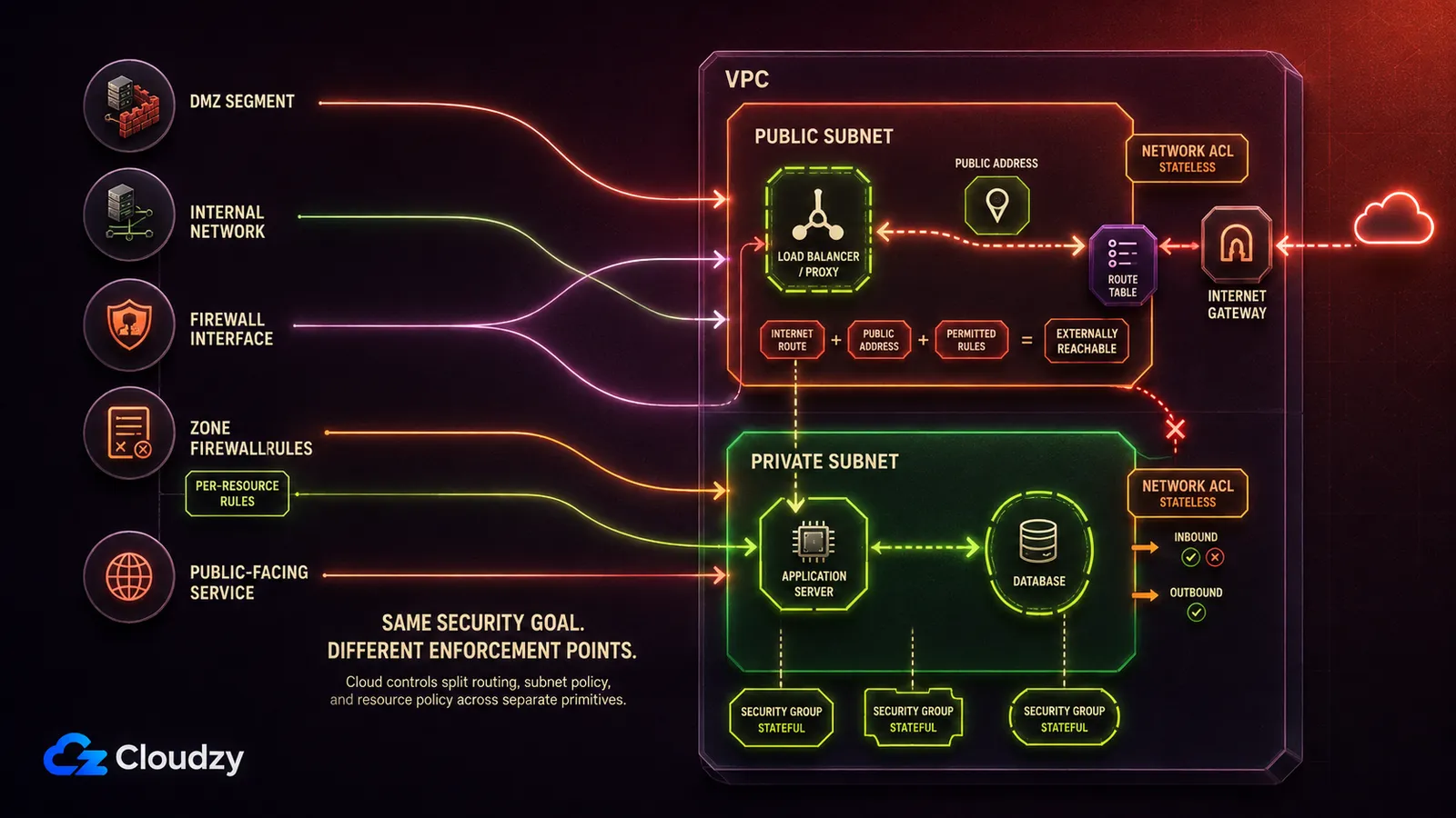 Diagram mapping classic DMZ elements onto cloud primitives inside a VPC. The DMZ segment maps to a public subnet holding a load balancer or proxy, reachable only when an internet route, a public address and permitted rules all line up. The internal network maps to a private subnet holding an application server and a database with no internet-gateway route. Zone firewall rules map to stateless network ACLs at the subnet edge, and per-resource rules map to stateful security groups attached to each resource.