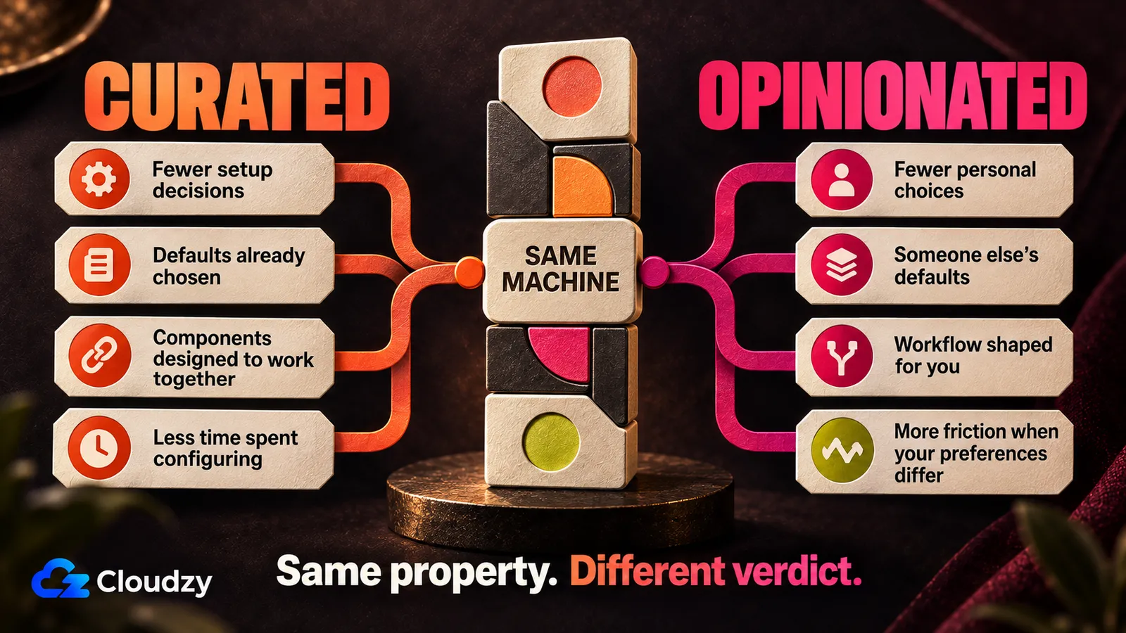 Two columns listing the same traits of one machine, one headed Curated and the other Opinionated, with the caption Same property, different verdict